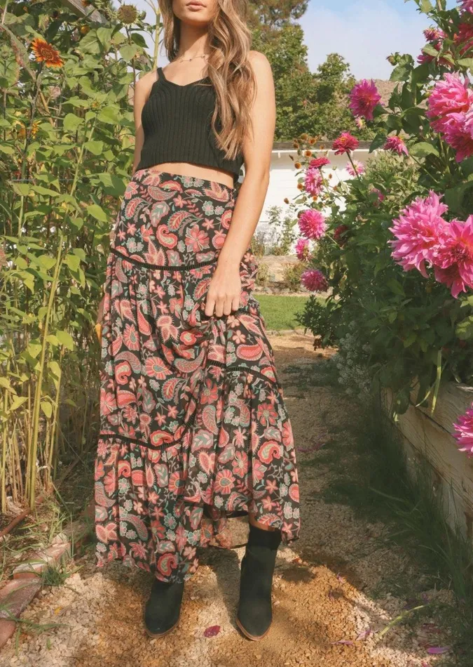 Love Story Midi Skirt Redblackfloral Women Lost Wander Skirts