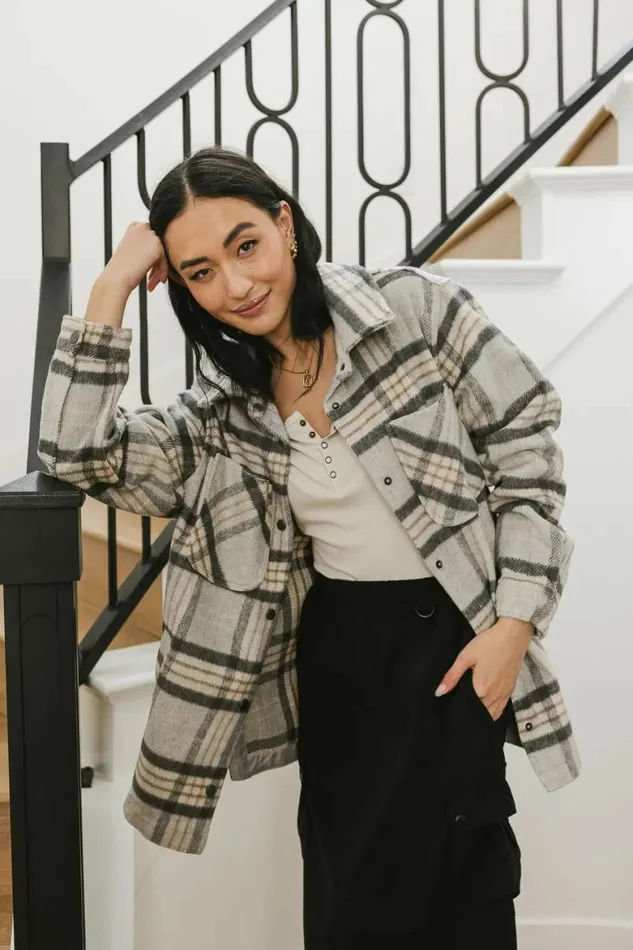 Madeline Plaid Shacket In Grey Grey Women Bohme Outerwear
