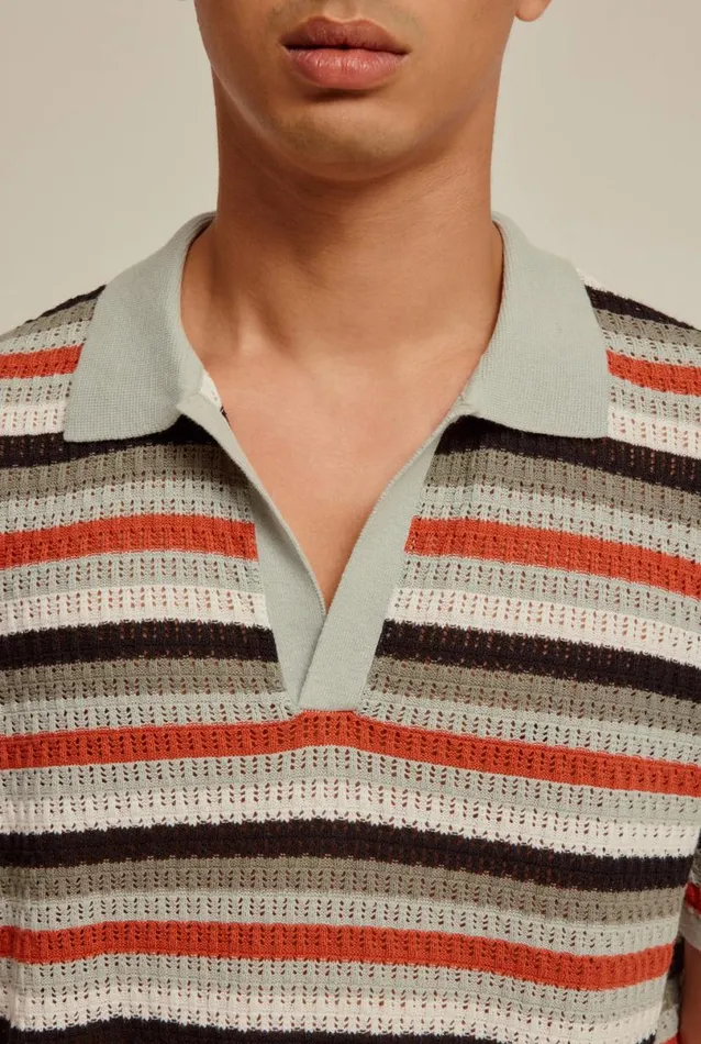 Man Venroy Polos Knitted Stripe Open Neck Polo