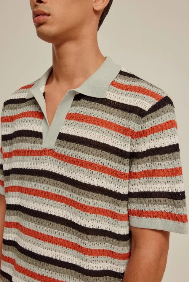 Man Venroy Polos Knitted Stripe Open Neck Polo