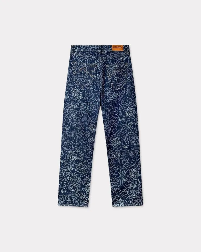 Men 039KENZO Star Tiger039 ASAGAO Straight Jeans In Japanese Denim Rinse Blue Denim Kenzo Denim
