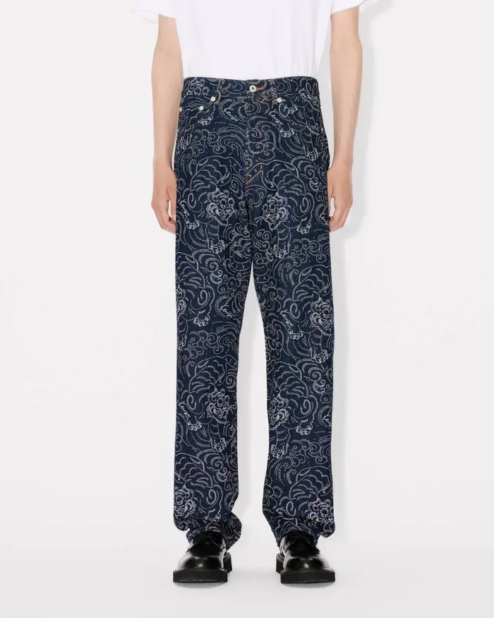 Men 039KENZO Star Tiger039 ASAGAO Straight Jeans In Japanese Denim Rinse Blue Denim Kenzo Denim