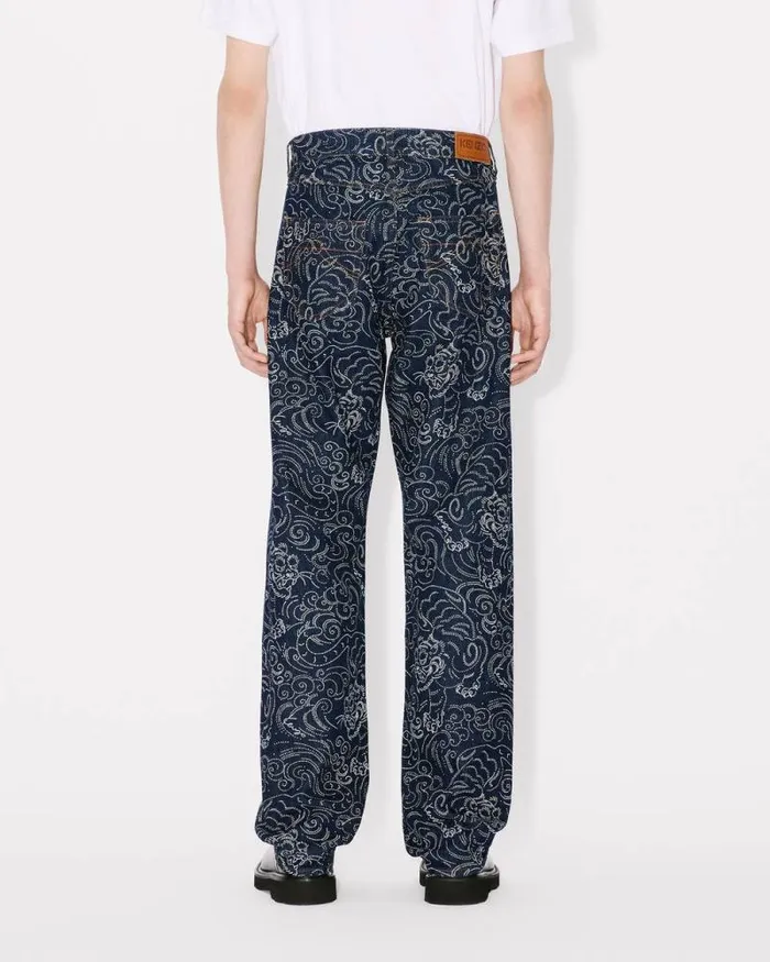 Men 039KENZO Star Tiger039 ASAGAO Straight Jeans In Japanese Denim Rinse Blue Denim Kenzo Denim