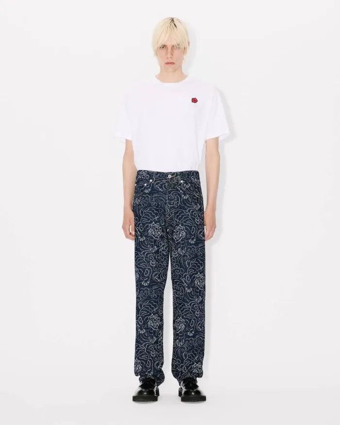 Men 039KENZO Star Tiger039 ASAGAO Straight Jeans In Japanese Denim Rinse Blue Denim Kenzo Denim