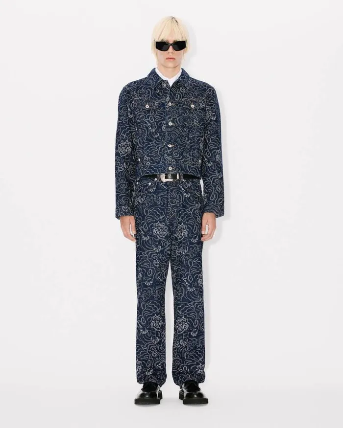 Men 039KENZO Star Tiger039 ASAGAO Straight Jeans In Japanese Denim Rinse Blue Denim Kenzo Denim