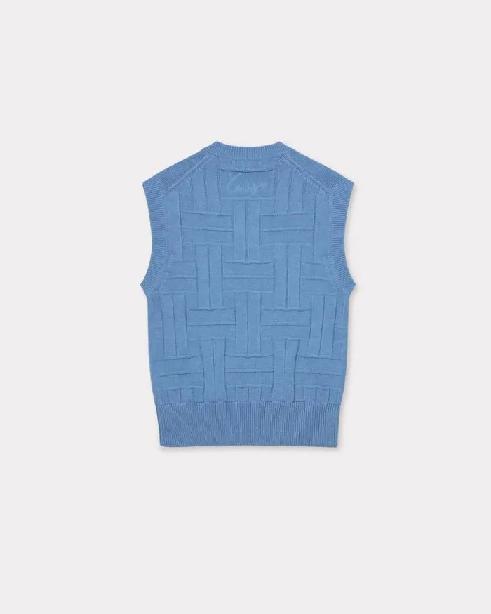 Men 039KENZO Weave039 Embroidered Sleeveless Jumper In Cotton Sky Blue Kenzo Sweaters And Cardigans