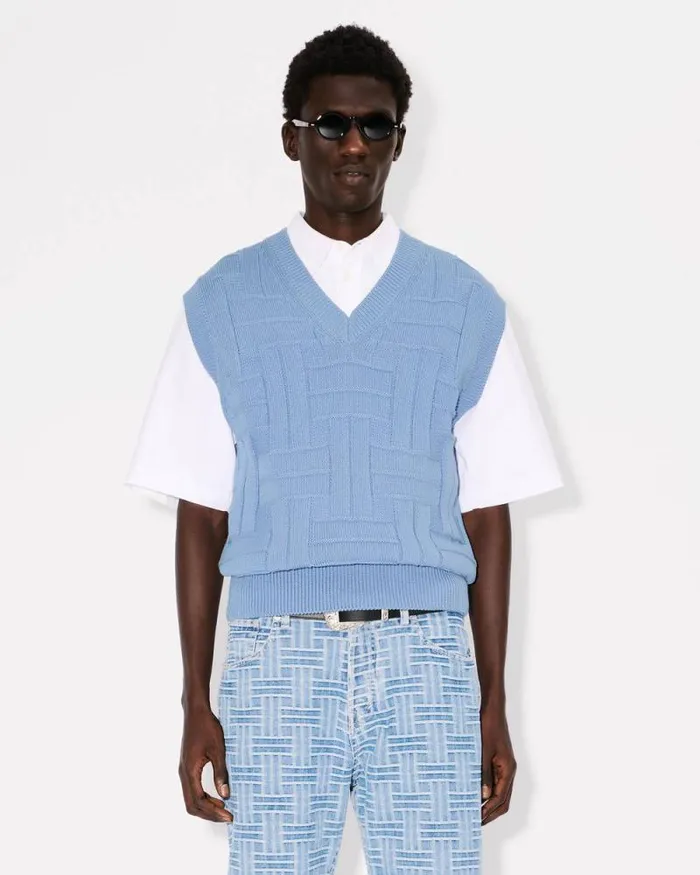 Men 039KENZO Weave039 Embroidered Sleeveless Jumper In Cotton Sky Blue Kenzo Sweaters And Cardigans