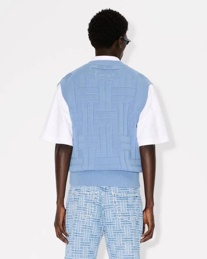Men 039KENZO Weave039 Embroidered Sleeveless Jumper In Cotton Sky Blue Kenzo Sweaters And Cardigans