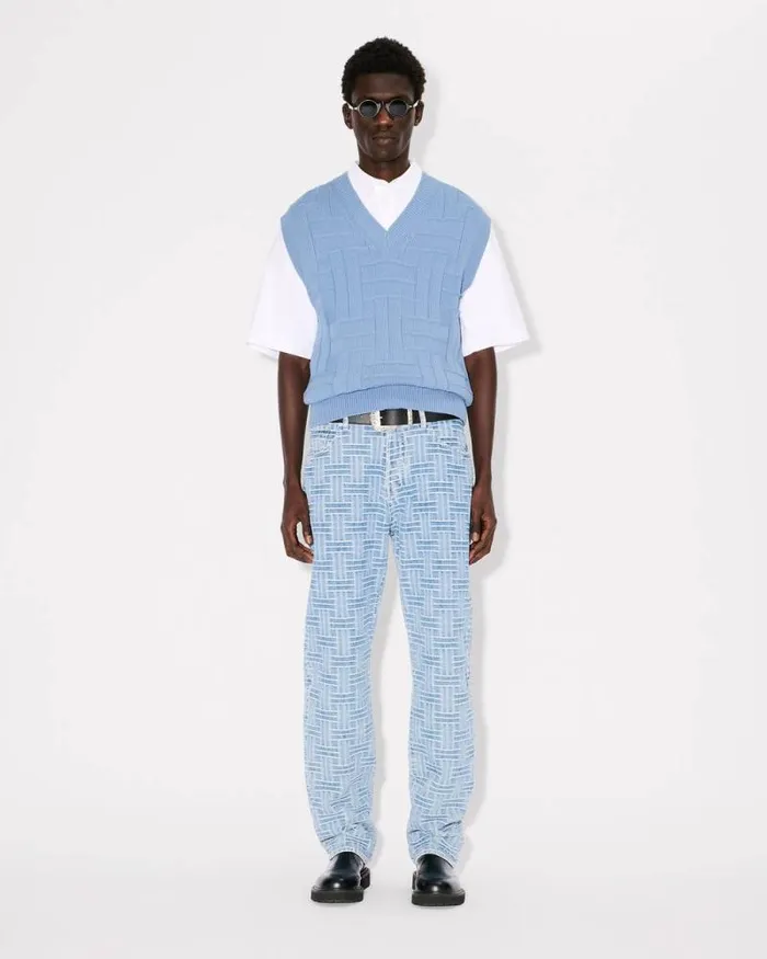 Men 039KENZO Weave039 Embroidered Sleeveless Jumper In Cotton Sky Blue Kenzo Sweaters And Cardigans