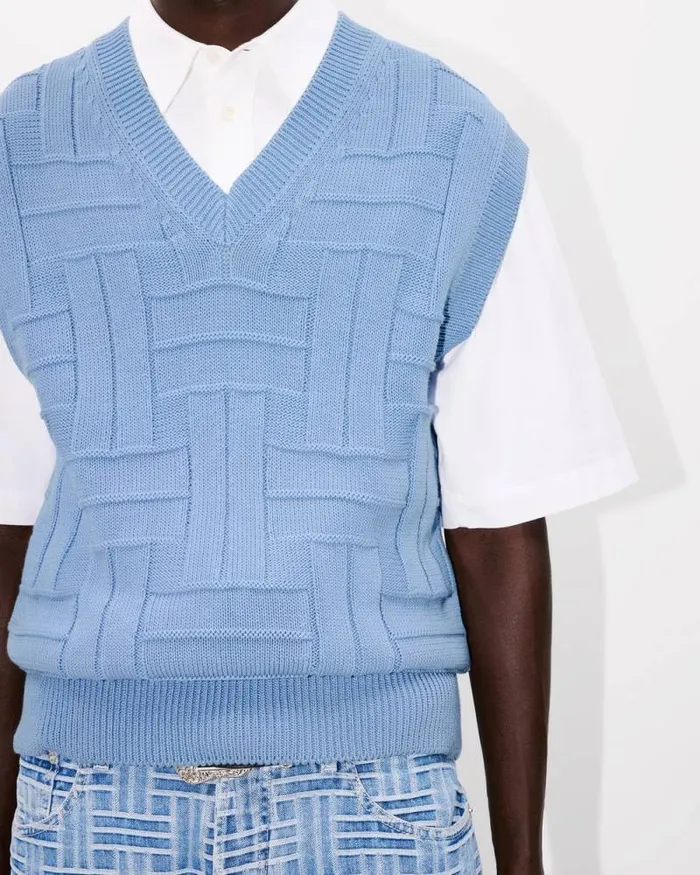 Men 039KENZO Weave039 Embroidered Sleeveless Jumper In Cotton Sky Blue Kenzo Sweaters And Cardigans