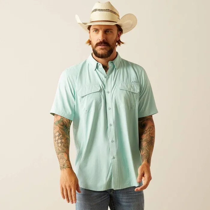Men Button Down Shirts Ariat VentTEK Outbound Fitted Shirt Eggshell Blue