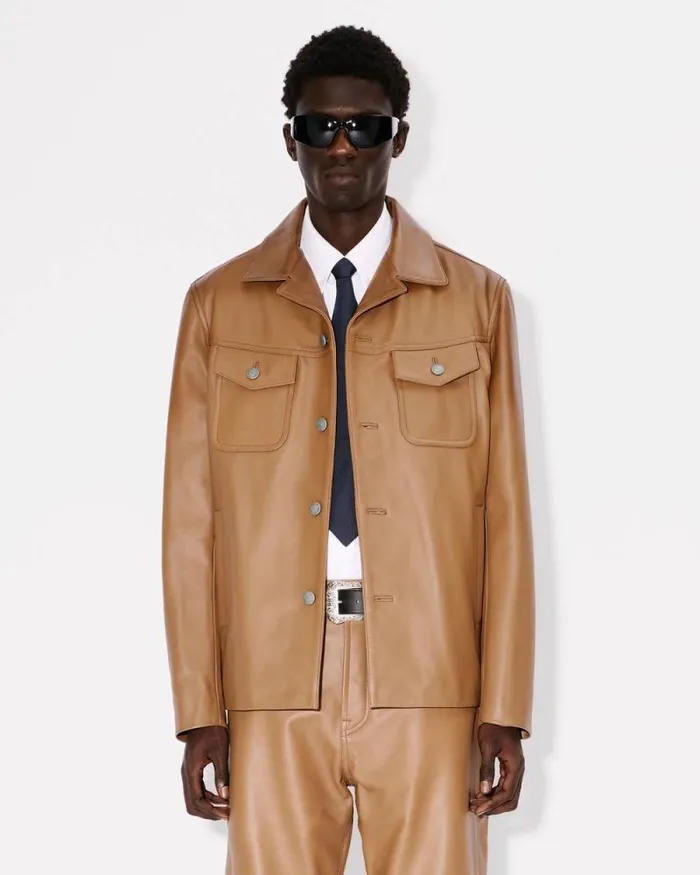 Men Cow Leather Jacket Dark Camel Kenzo Jackets And Coats