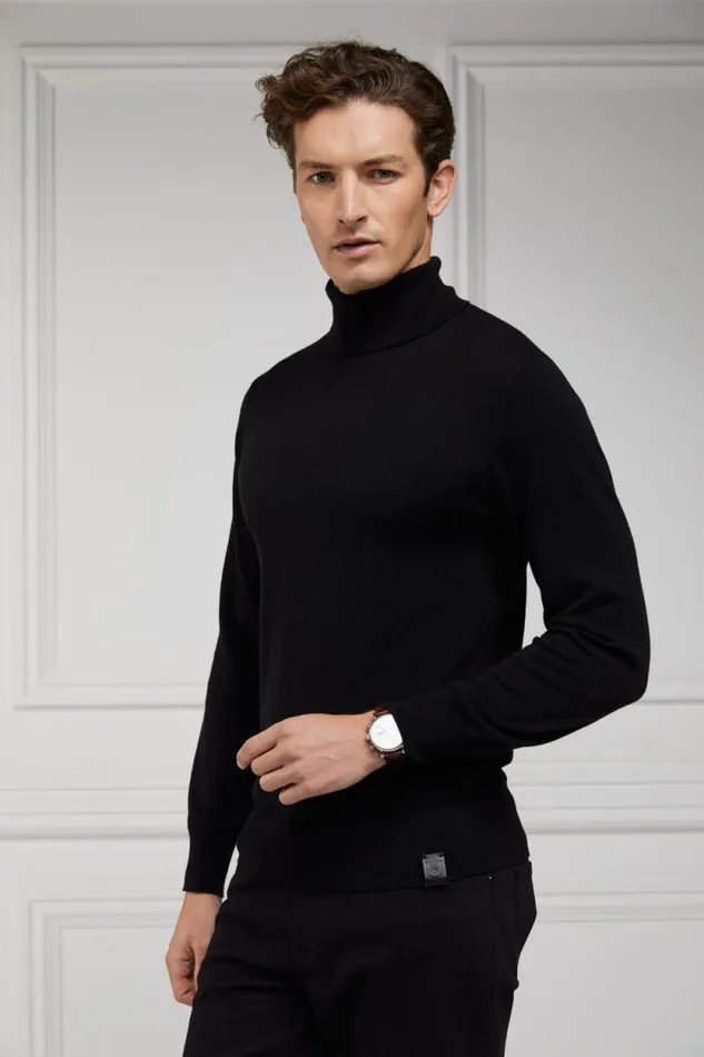 Men Fine Roll Neck Knit Black Holland Cooper Knitwear