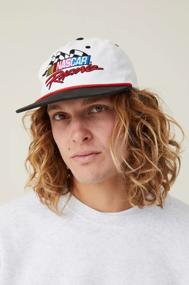 Men Hats Cotton On Nascar 5 Panel Graphic Hat Lcn Ncr Faded Slate Vintage White Daytona 50