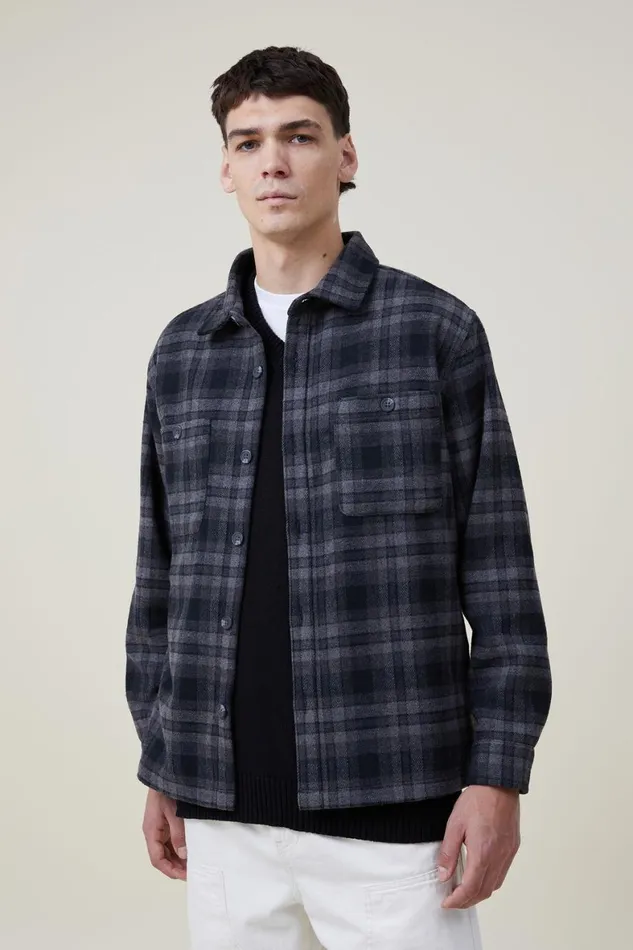 Men Jackets Cotton On Heavy Overshirt Black Oversized Check