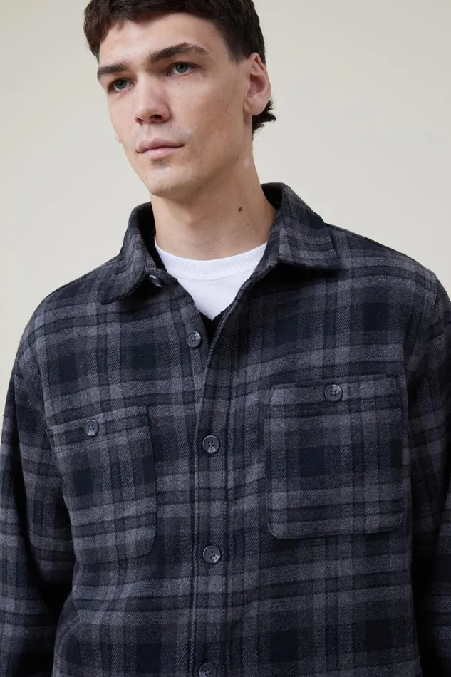 Men Jackets Cotton On Heavy Overshirt Black Oversized Check
