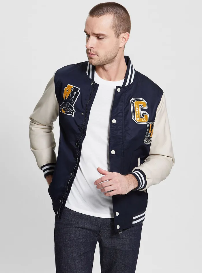 Men Jackets GUESS Blue Varsity Logo Bomber Jacket Men Jackets GUESS Blue Varsity Logo Bomber Jacket