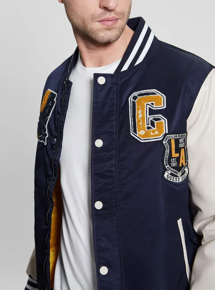 Men Jackets GUESS Blue Varsity Logo Bomber Jacket Men Jackets GUESS Blue Varsity Logo Bomber Jacket