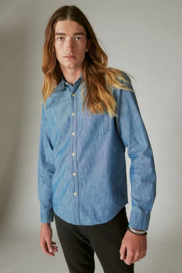 Men Lucky Brand ButtonDowns Coolmax Chambray One Pocket Long Sleeve Shirt Chambray Blue