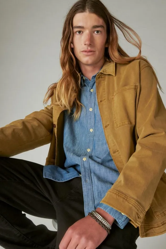 Men Lucky Brand ButtonDowns Coolmax Chambray One Pocket Long Sleeve Shirt Chambray Blue