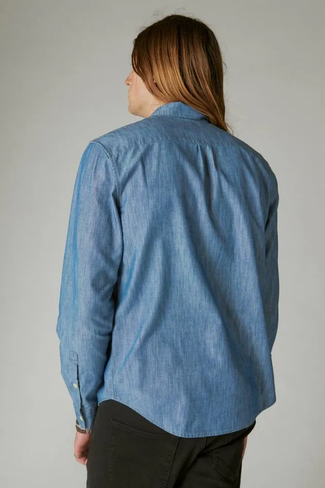 Men Lucky Brand ButtonDowns Coolmax Chambray One Pocket Long Sleeve Shirt Chambray Blue