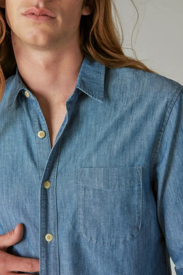 Men Lucky Brand ButtonDowns Coolmax Chambray One Pocket Long Sleeve Shirt Chambray Blue