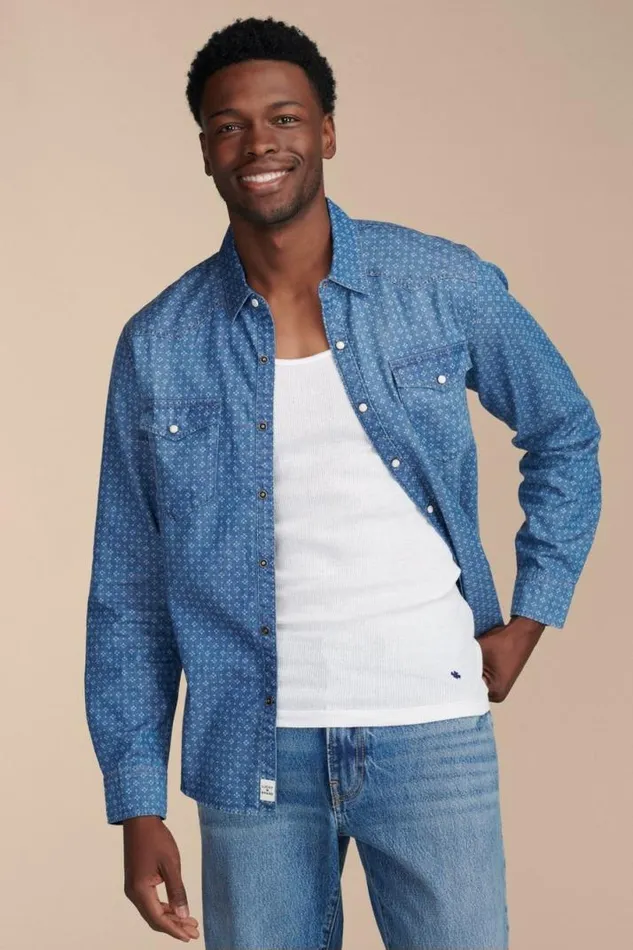 Men Lucky Brand ButtonDowns Printed Indigo Western Long Sleeve Shirt Indigo Print