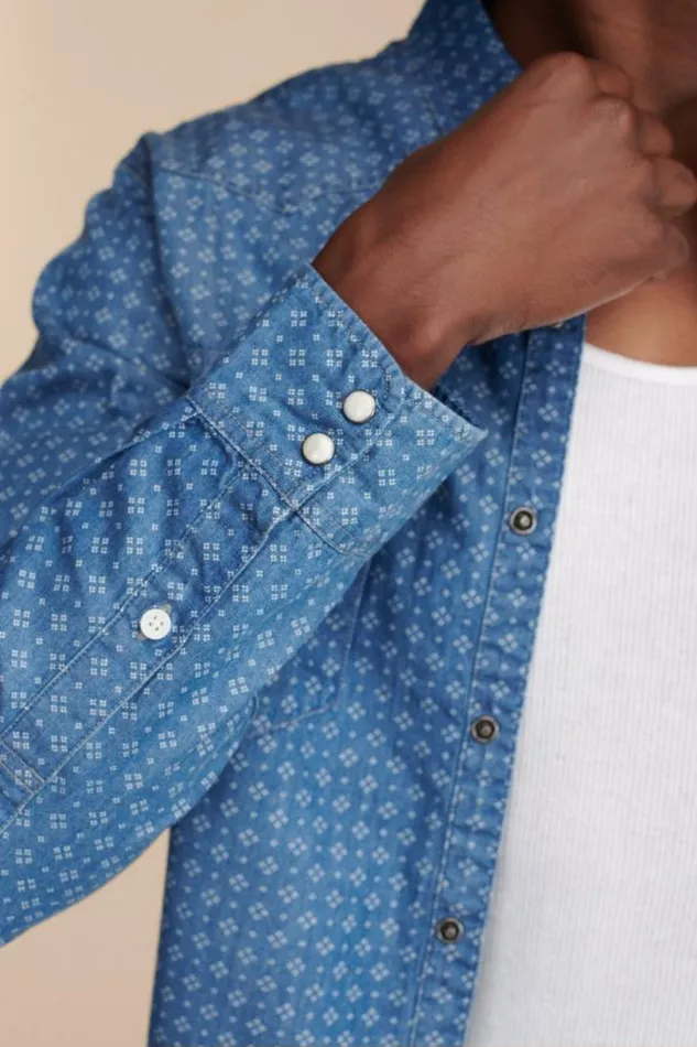 Men Lucky Brand ButtonDowns Printed Indigo Western Long Sleeve Shirt Indigo Print