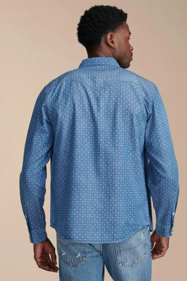 Men Lucky Brand ButtonDowns Printed Indigo Western Long Sleeve Shirt Indigo Print