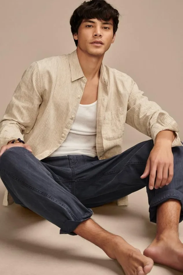 Men Lucky Brand ButtonDowns Railroad Stripe Linen One Pocket Long Sleeve Shirt Natural Stripe