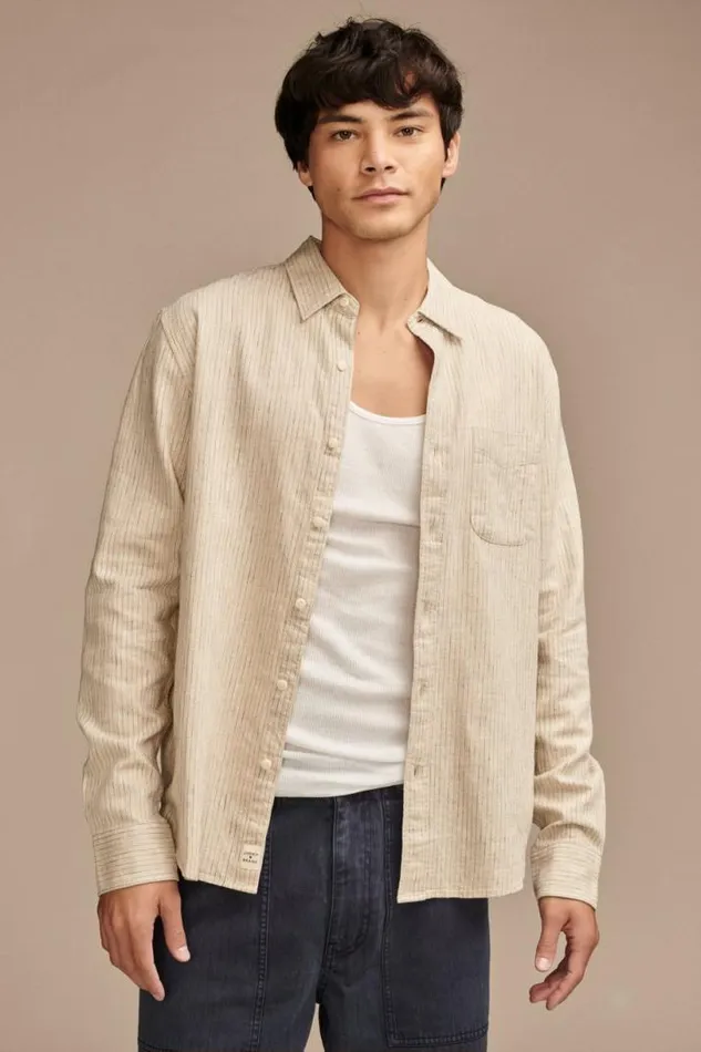 Men Lucky Brand ButtonDowns Railroad Stripe Linen One Pocket Long Sleeve Shirt Natural Stripe