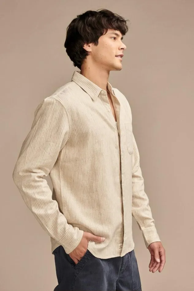 Men Lucky Brand ButtonDowns Railroad Stripe Linen One Pocket Long Sleeve Shirt Natural Stripe