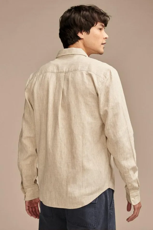 Men Lucky Brand ButtonDowns Railroad Stripe Linen One Pocket Long Sleeve Shirt Natural Stripe