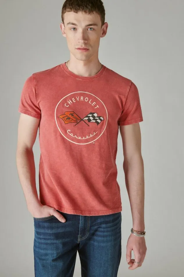 Men Lucky Brand Graphic Tees Corvette Logo Tee Pompeian Red