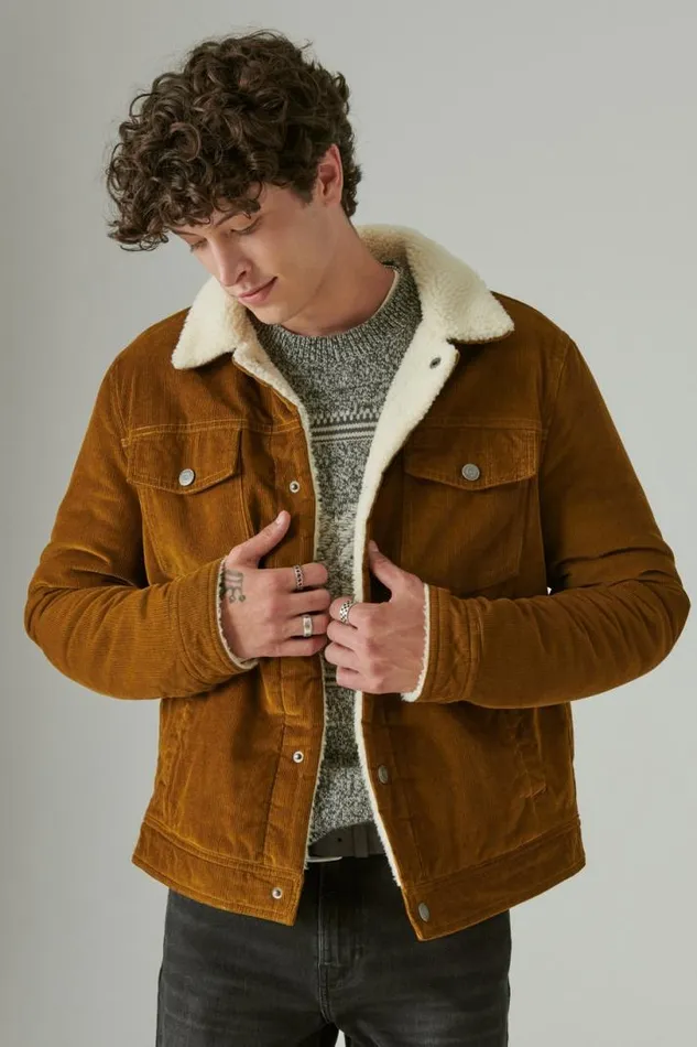 Men Lucky Brand Jackets and Outerwear Faux Shearling Lined Corduroy Trucker Jacket Tan