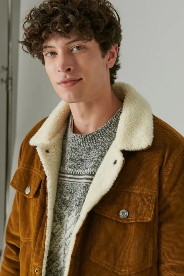 Men Lucky Brand Jackets and Outerwear Faux Shearling Lined Corduroy Trucker Jacket Tan