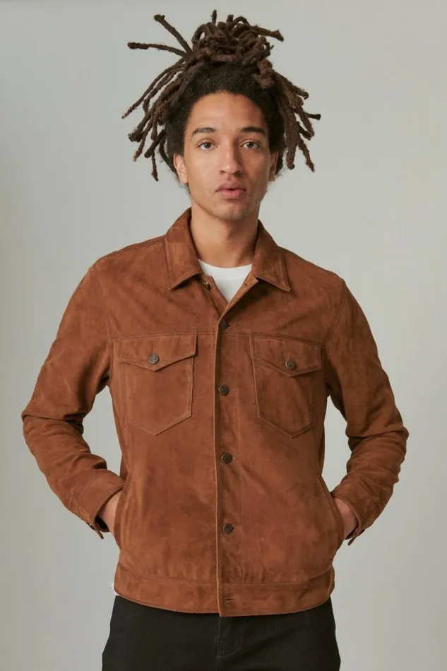Men Lucky Brand Jackets and Outerwear Suede Trucker Jacket Dark Tan
