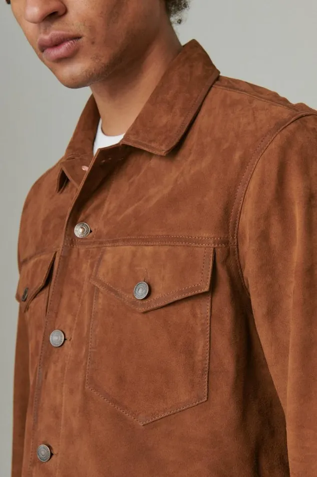 Men Lucky Brand Jackets and Outerwear Suede Trucker Jacket Dark Tan