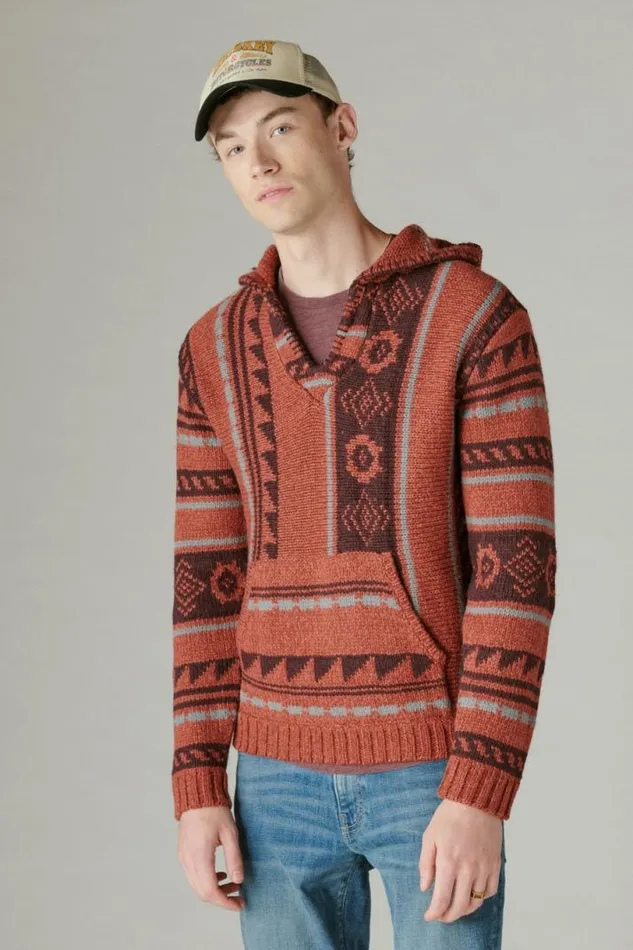 Men Lucky Brand Sweaters Southwestern Print Baja Sweater Apple Butter Combo