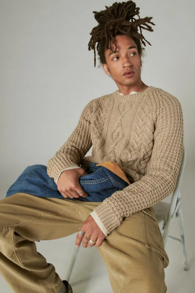 Men Lucky Brand Sweaters Tweed Crew Neck Sweater Straw Heather Tweed