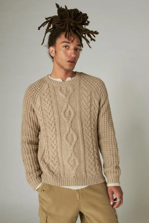 Men Lucky Brand Sweaters Tweed Crew Neck Sweater Straw Heather Tweed