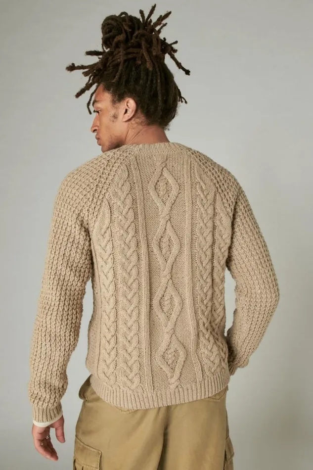 Men Lucky Brand Sweaters Tweed Crew Neck Sweater Straw Heather Tweed