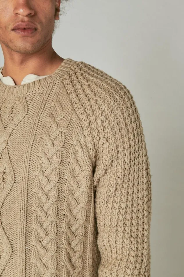 Men Lucky Brand Sweaters Tweed Crew Neck Sweater Straw Heather Tweed