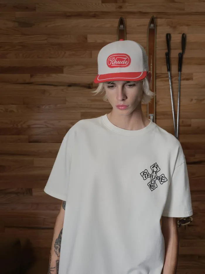 Men Rhude Hats PATCH TRUCKER HAT Offwhitered