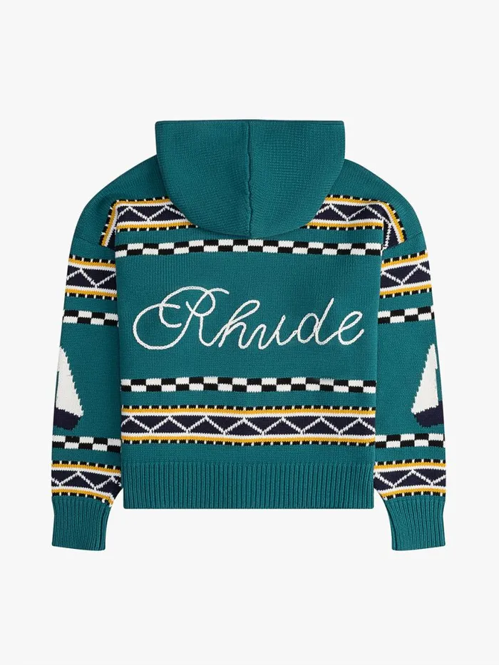 Men Rhude Luxe Knitwear BATEAU KNIT ZIP UP HOODIE Emeraldcremenavy