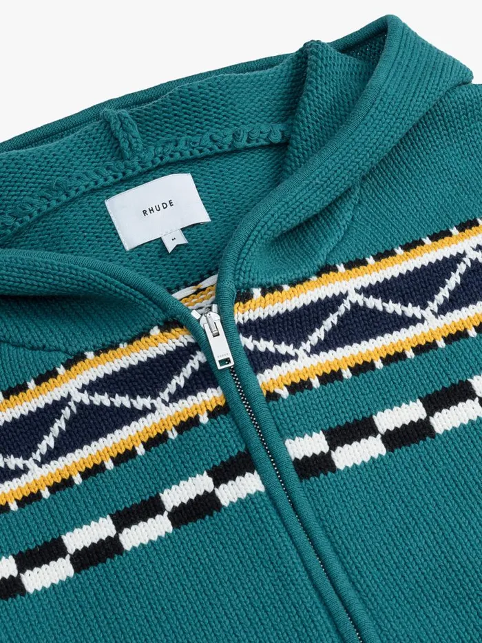 Men Rhude Luxe Knitwear BATEAU KNIT ZIP UP HOODIE Emeraldcremenavy