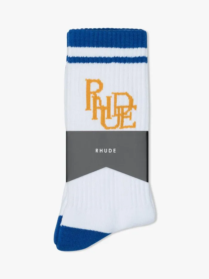 Men Rhude Socks SCRIBBLE LOGO SOCK Whitemidnight Blueyellow Men Rhude Socks SCRIBBLE LOGO SOCK Whitemidnight Blueyellow