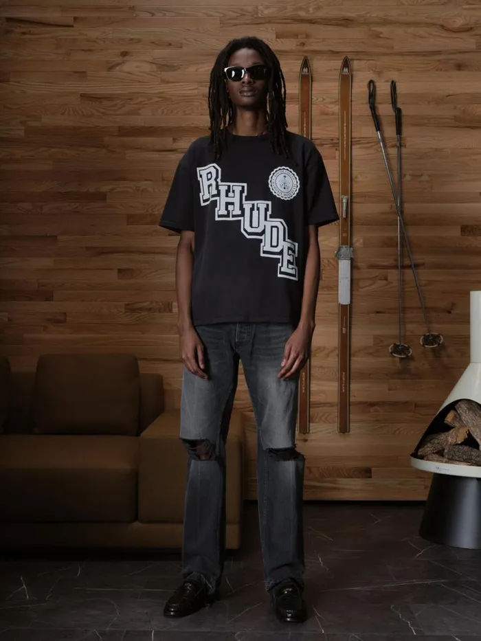 Men Rhude Tees COLLEGIATE CREST TEE Vtg Black