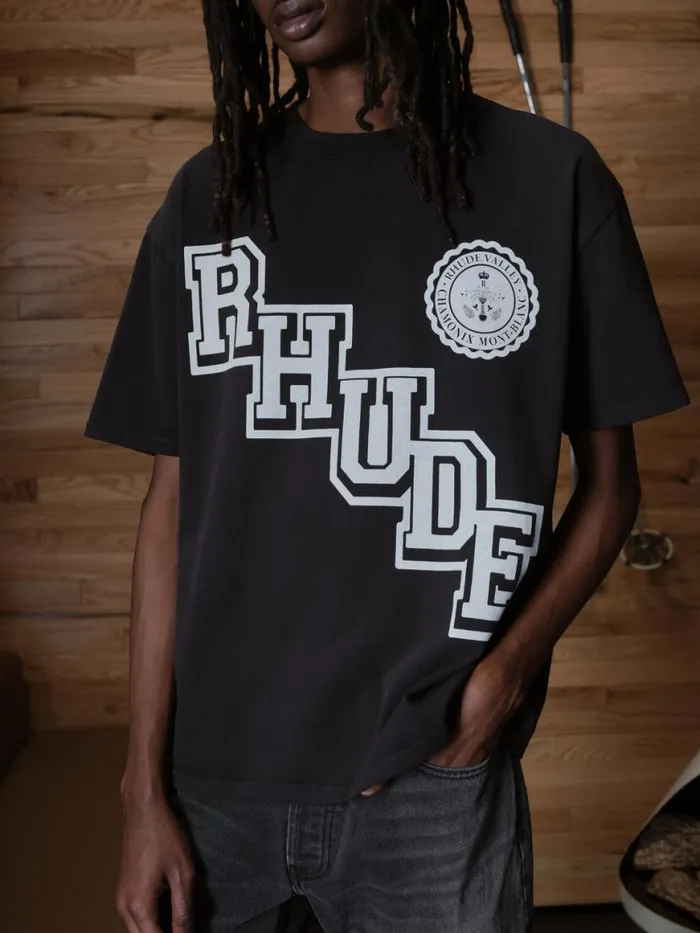 Men Rhude Tees COLLEGIATE CREST TEE Vtg Black