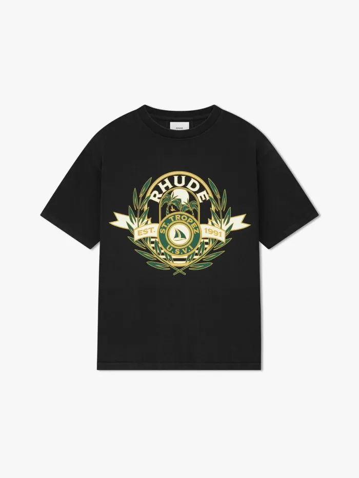 Men Rhude Tees ST TROPEZ YACHT CREST TEE Vtg Black